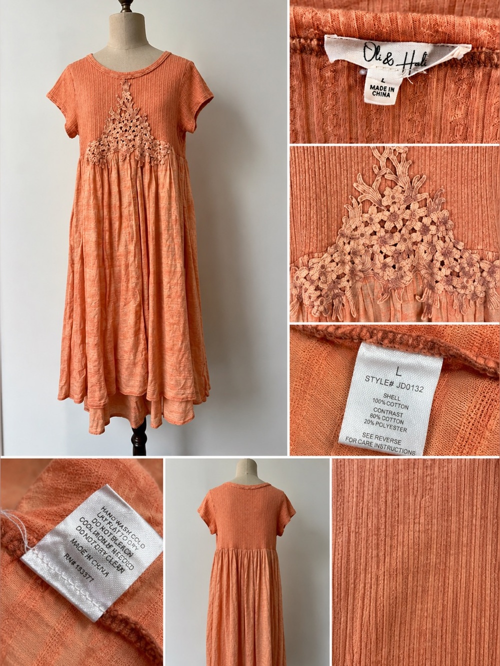 Oli & Hali Washed Cotton Crochet Meadow Boho Cottagecore Whimsy Dress Size L - Picture 3 of 9